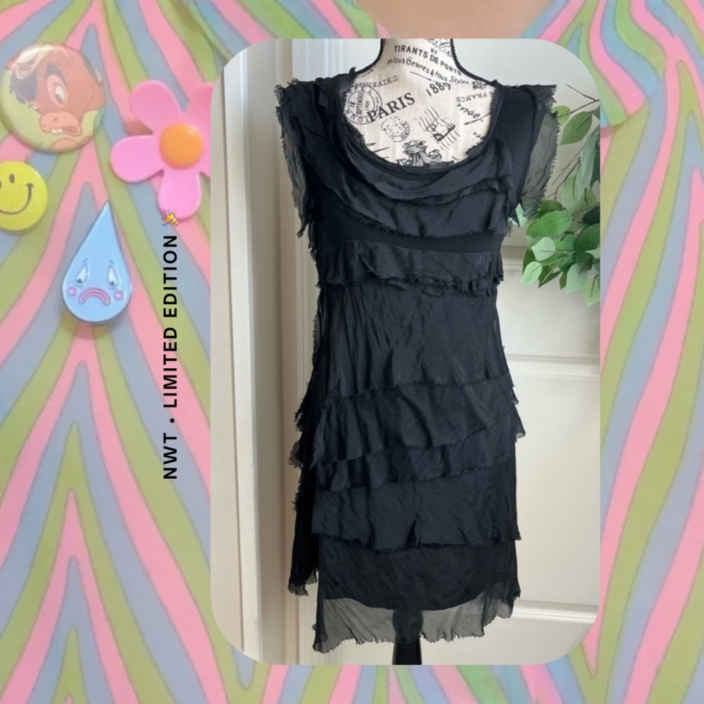 🆕 made in italy black flowy silk tiered layered midi dress